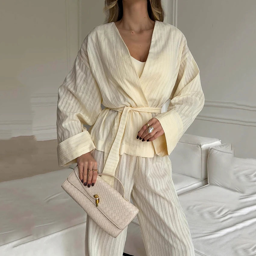 Hiloc Casual Stripe Trousers Outfits Pajamas Home V Neck Wrap Blouse With Elastic Waist Long Pants Female Two Piece Sets 2026