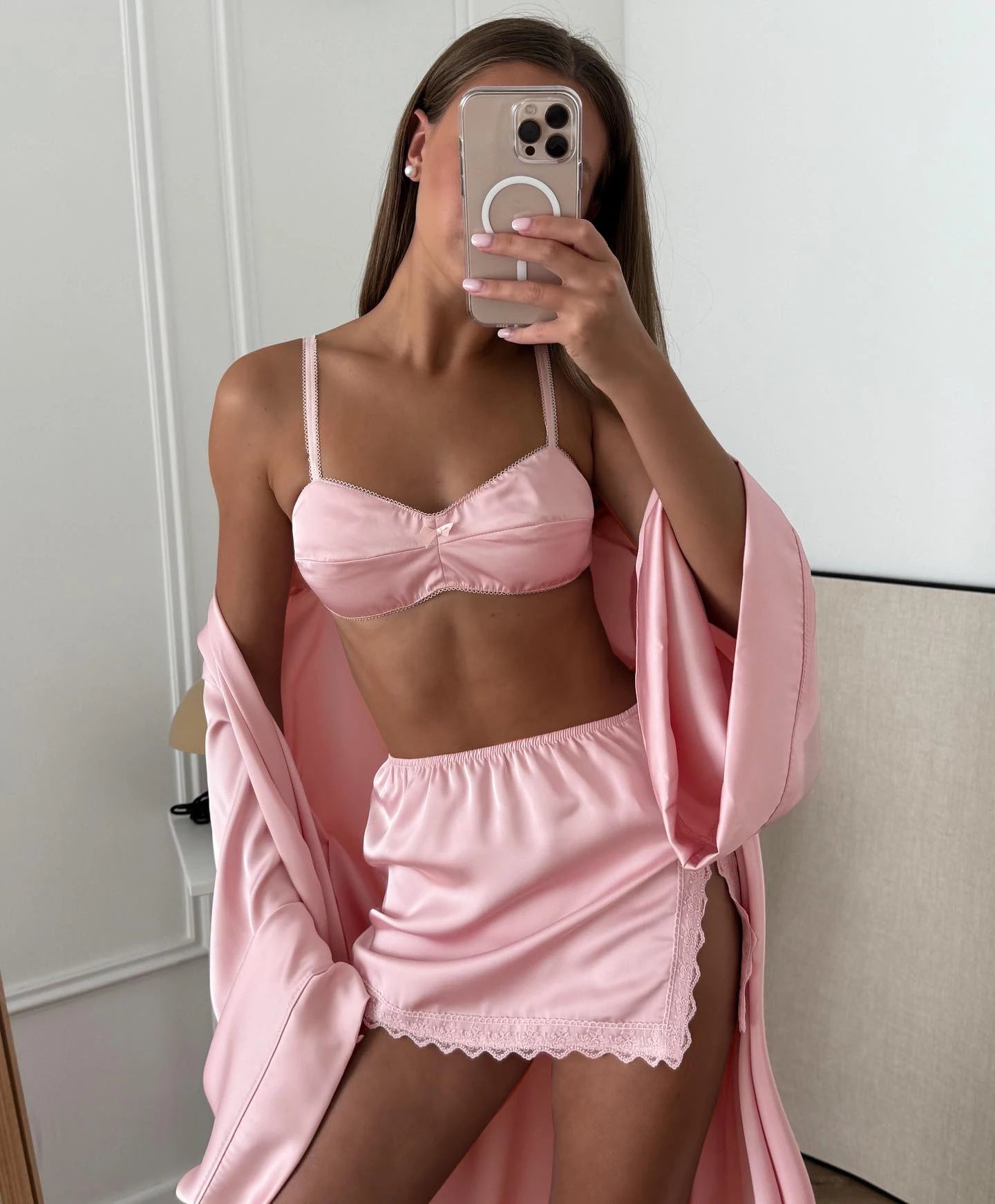 Hiloc Pink Elegant Satin Women's 3 Piece Set Pajamas Sexy Lace High Waist Split Skirts With Long Robe Bra Loungewear 2026 Spring
