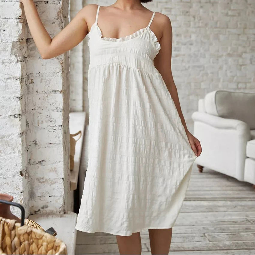 Hiloc Elegant Apricot Spaghetti Strap Night Dress Summer Sleeveless Woven Knee-Length Nightgown Thin Home Jacquard Sleepdress