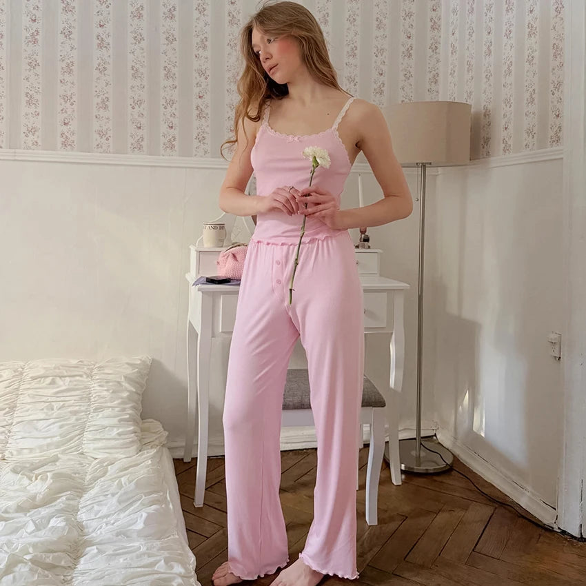 HiLoc Pink Sweet Knitted Elastic Ladies' Pajamas Two-Piece Sleeveless Lace Bow Top Elastic Waist Full Length Pants Autumn 2026