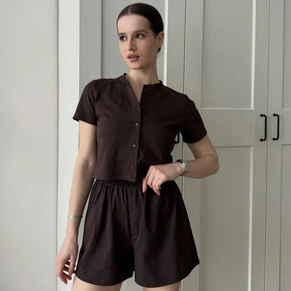 Hiloc Brown Casual Loose Elastic Women'S Two-Piece Single-Breasted Short-Sleeved Top Elastic Waist Shorts 2026 Fall Shorts Suits