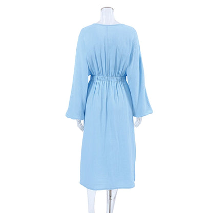 Hiloc Elegant Mid-Calf Blue Nightgowns Pure Cotton V-Neck Summer Lantern Sleeve Night Dress Folds Slit Pockets Nightdress Woman