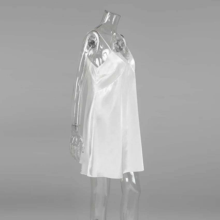 Hiloc Sexy White Spaghetti Strap Short Night Dresses Summer Woven Sleeveless Sleepdress Lace Pullover Ruched Backless Nightgowns