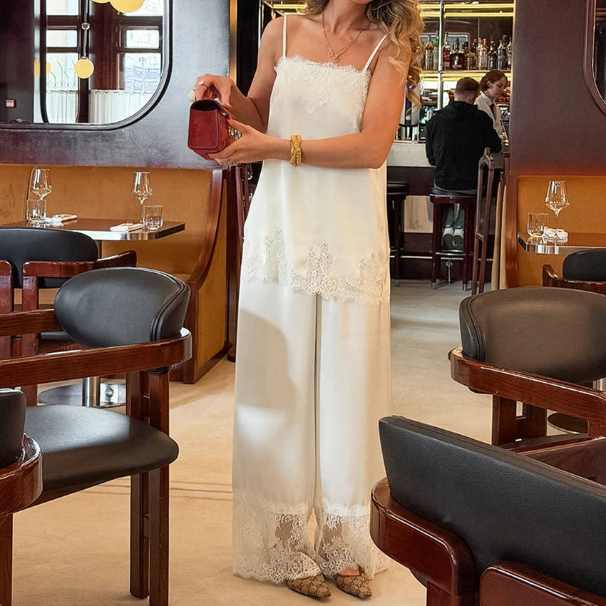Hiloc Elegant Satin Long Pants Suit Women's Pajama Casual Lace Camisole With Elastic Waist Pants 2 Piece 2026 Summer Home Sets