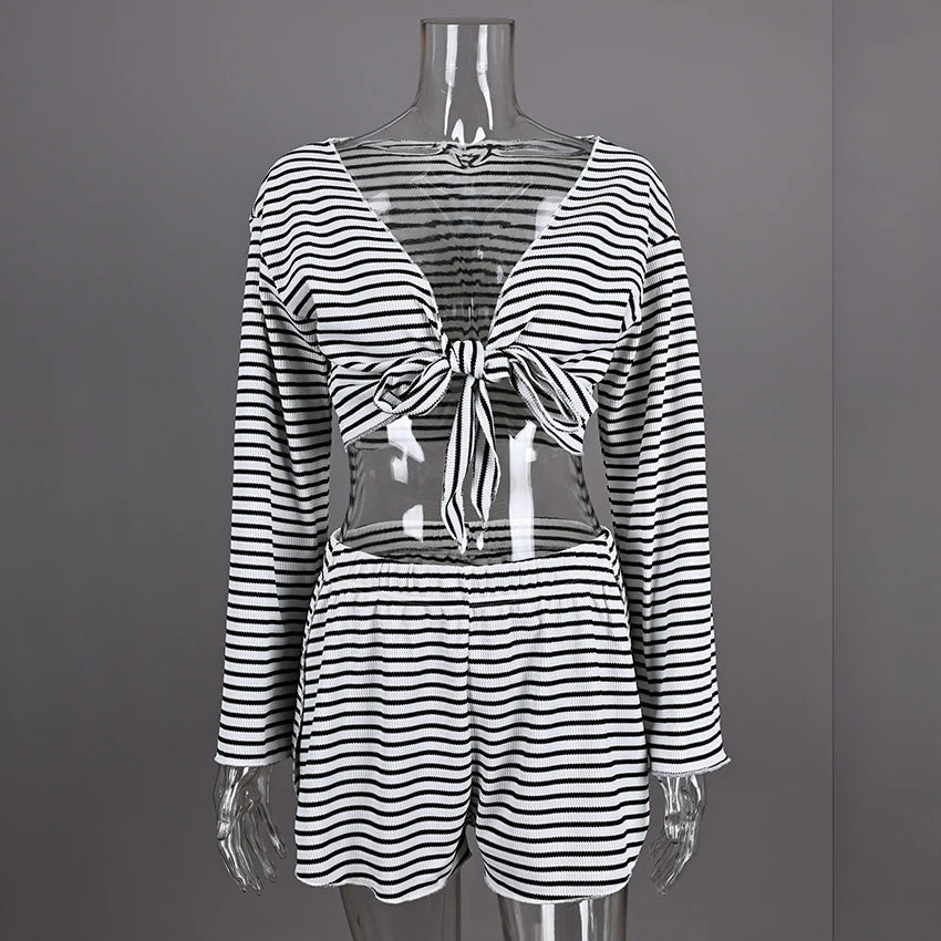 Hiloc Casual Knit Stripe Shorts Pajamas Sets Long Sleeve Home Wear Lace Up Top And Elastic Waist Shorts Sleepwear Knitted Outfit