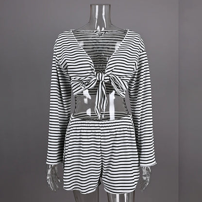 Hiloc Casual Knit Stripe Shorts Pajamas Sets Long Sleeve Home Wear Lace Up Top And Elastic Waist Shorts Sleepwear Knitted Outfit