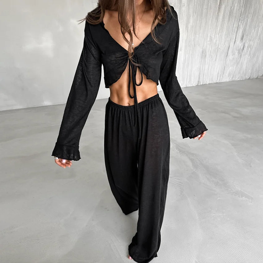 HiLoc Sexy V-Neck Knitted Thin Trousers Pajamas Women Casual Lace-Up Crop Tops With Loose Long Pants Sleepwears White Suits 2026