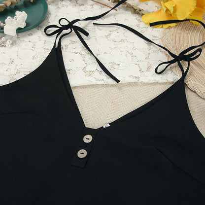 Hiloc Black Pure Cotton Sleeveless Woman Night Dress Loose Button Sleepdress Woven Spaghetti Strap Plunging Neckline Nightgowns