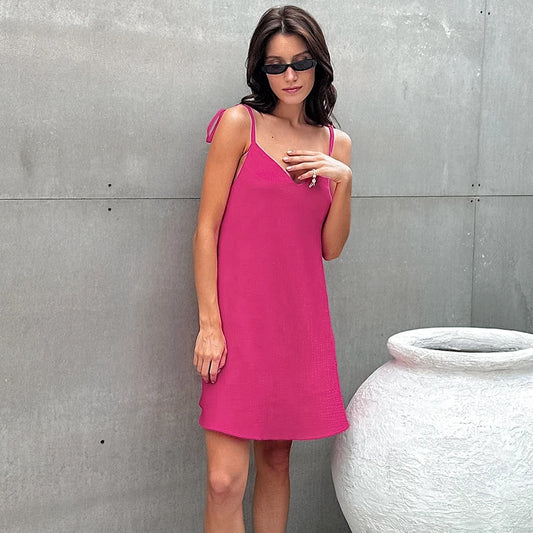 Hiloc Casual Cotton Spaghetti Strap Dress Sexy Rose Red Backless Robe Sleepwear Female 2025 Summer Solid Pajamas Woman Dresses