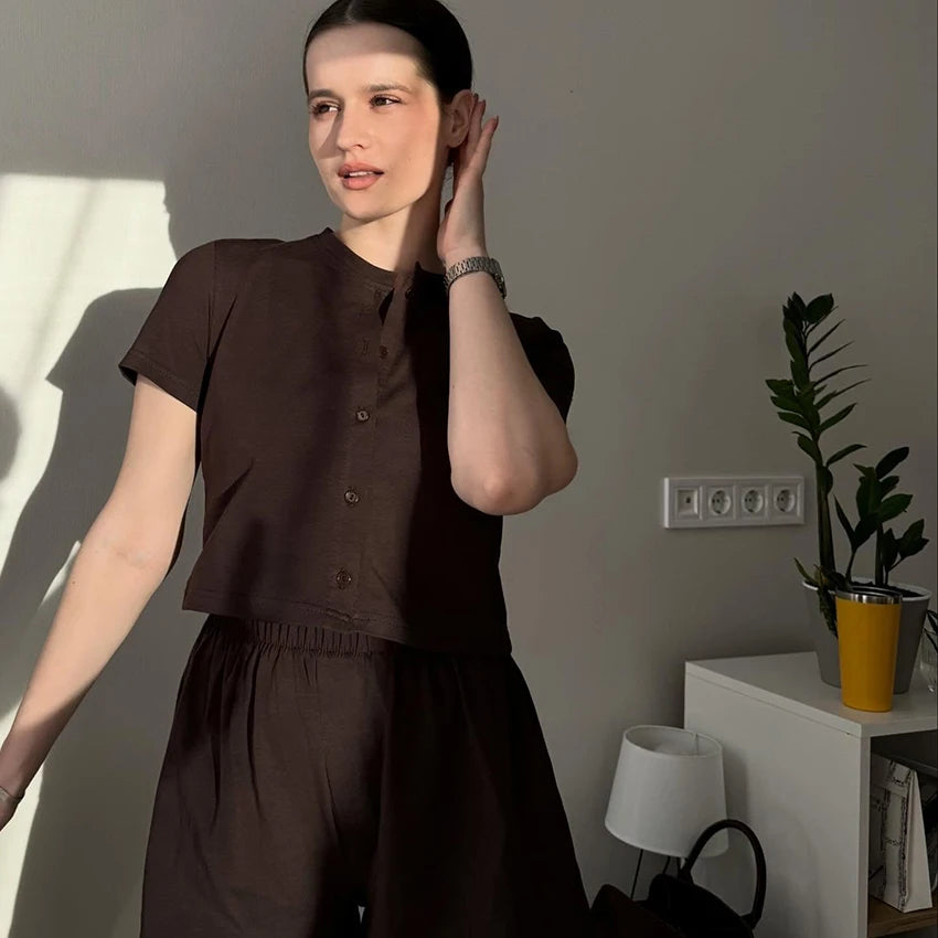 Hiloc Brown Casual Loose Elastic Women'S Two-Piece Single-Breasted Short-Sleeved Top Elastic Waist Shorts 2026 Fall Shorts Suits