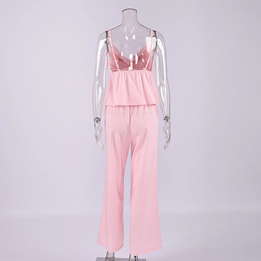 Hiloc Spaghetti Strap Vest Sleepwear With Wide Leg Pants  Pajamas 2 Piece Sets Spring Casual Ruffles Trousers Outfits Female