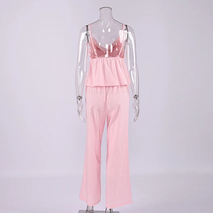 Hiloc Spaghetti Strap Vest Sleepwear With Wide Leg Pants  Pajamas 2 Piece Sets Spring Casual Ruffles Trousers Outfits Female