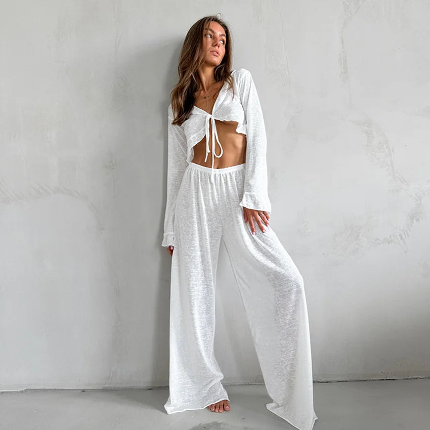 HiLoc Sexy V-Neck Knitted Thin Trousers Pajamas Women Casual Lace-Up Crop Tops With Loose Long Pants Sleepwears White Suits 2026