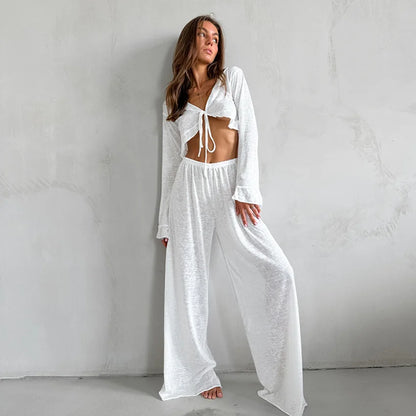 HiLoc Sexy V-Neck Knitted Thin Trousers Pajamas Women Casual Lace-Up Crop Tops With Loose Long Pants Sleepwears White Suits 2026