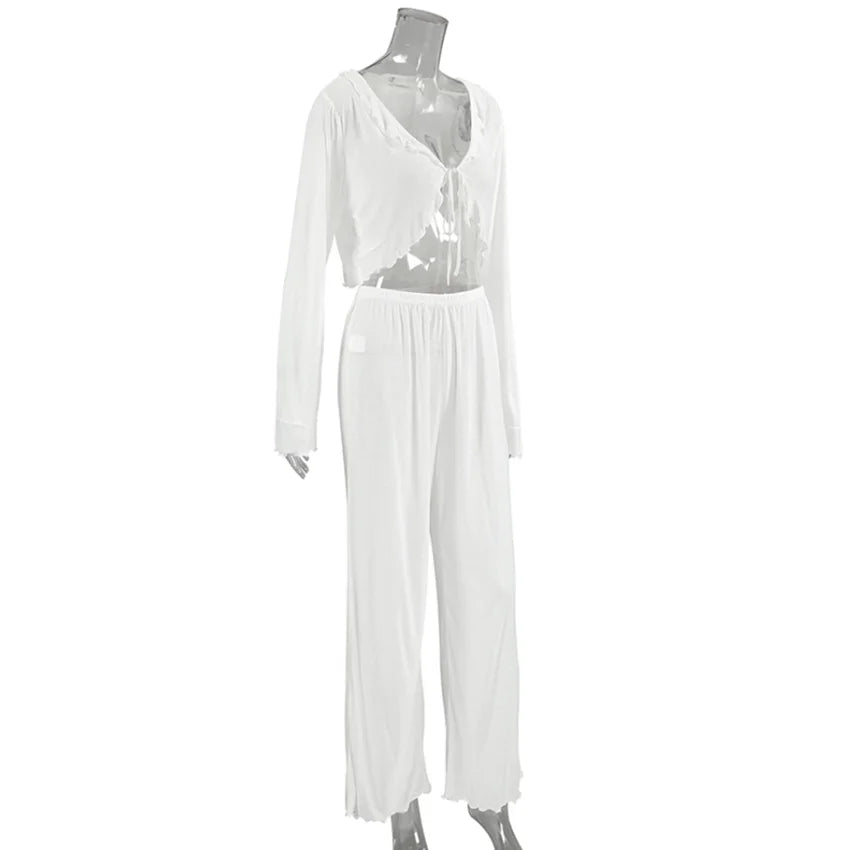 HiLoc Sexy V-Neck Knitted Thin Trousers Pajamas Women Casual Lace-Up Crop Tops With Loose Long Pants Sleepwears White Suits 2026