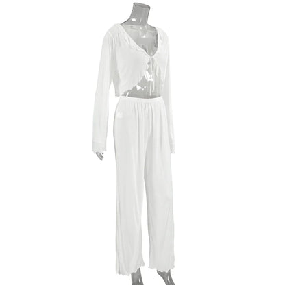 HiLoc Sexy V-Neck Knitted Thin Trousers Pajamas Women Casual Lace-Up Crop Tops With Loose Long Pants Sleepwears White Suits 2026