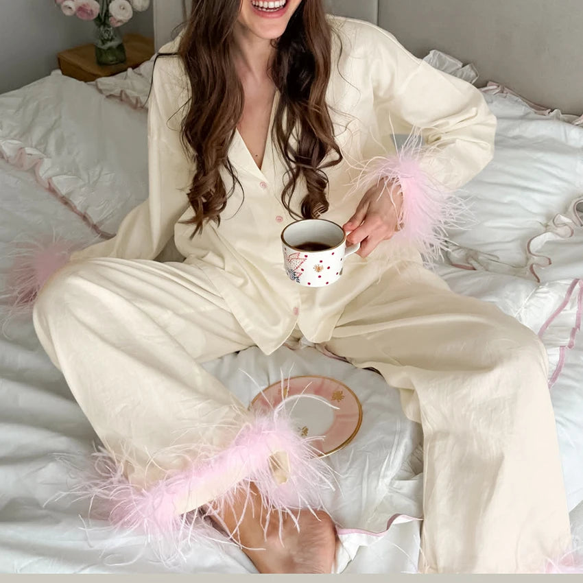 HiLoc Apricot Casual Feather Loose Woven Pajamas 2 Piece Long Sleeve Lapel Single-Breasted Top Elastic Waist Full Length Pants