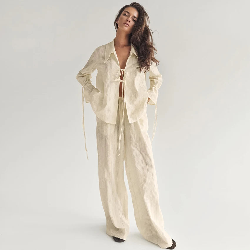 Hiloc Casual Apricot Long Drawstring Trousers Suits Women Street Chic Loose Lace Up Blouse With Pockets Pants 2 Piece Sets 2026