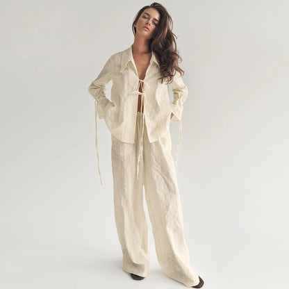 Hiloc Casual Apricot Long Drawstring Trousers Suits Women Street Chic Loose Lace Up Blouse With Pockets Pants 2 Piece Sets 2026