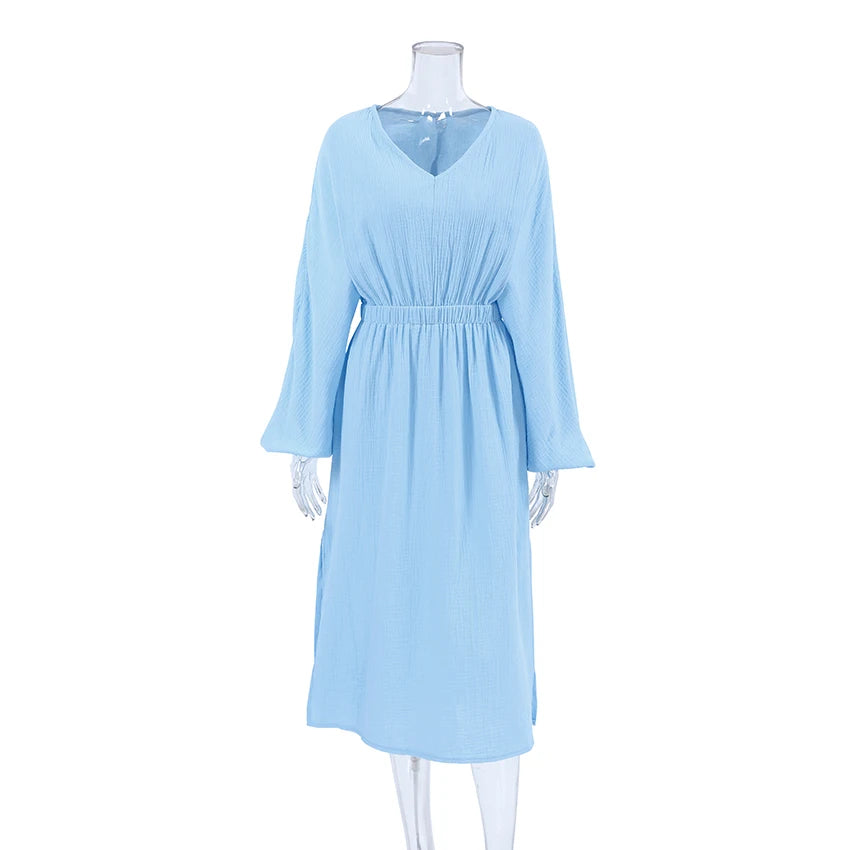 Hiloc Elegant Mid-Calf Blue Nightgowns Pure Cotton V-Neck Summer Lantern Sleeve Night Dress Folds Slit Pockets Nightdress Woman