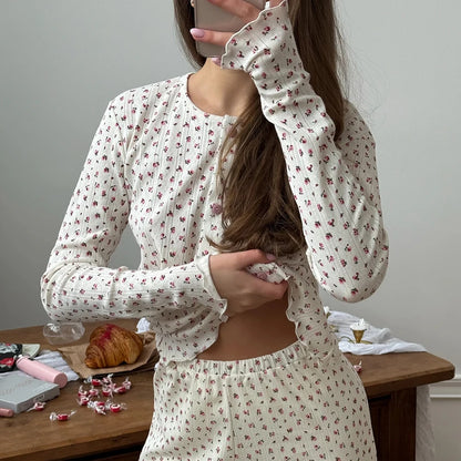 HiLoc Floral Print Sweet Knit Elastic Pajamas 2 Piece Long Sleeve Round Neck Single-Breasted Top Elastic Waist Full Length Pants