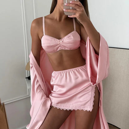 Hiloc Pink Elegant Satin Women's 3 Piece Set Pajamas Sexy Lace High Waist Split Skirts With Long Robe Bra Loungewear 2026 Spring