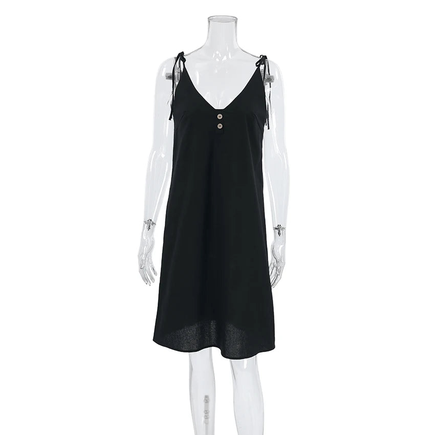 Hiloc Black Pure Cotton Sleeveless Woman Night Dress Loose Button Sleepdress Woven Spaghetti Strap Plunging Neckline Nightgowns