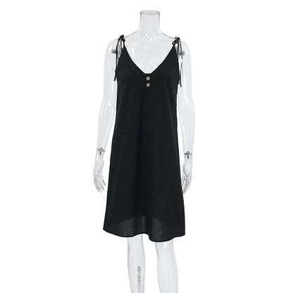 Hiloc Black Pure Cotton Sleeveless Woman Night Dress Loose Button Sleepdress Woven Spaghetti Strap Plunging Neckline Nightgowns