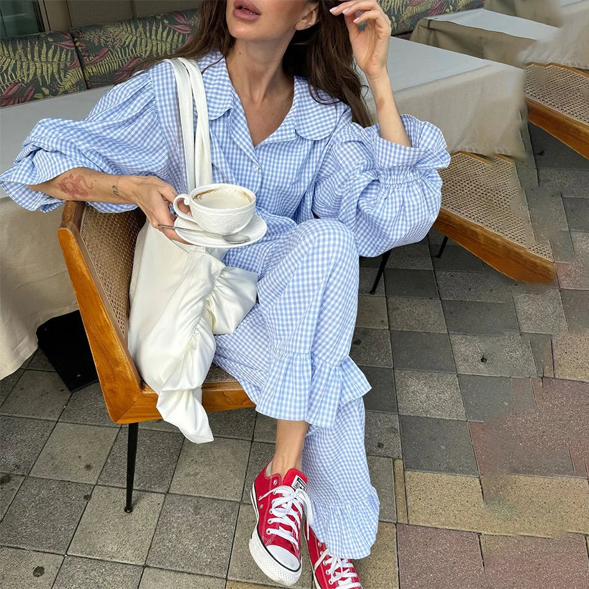 HiLoc Plaid Sleepwear Women Pajama Long Pants Sets Long Sleeve Casual 2 Pieces Night Wears Summer Korean Casual Home Suit 2026