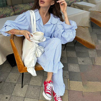 HiLoc Plaid Sleepwear Women Pajama Long Pants Sets Long Sleeve Casual 2 Pieces Night Wears Summer Korean Casual Home Suit 2026