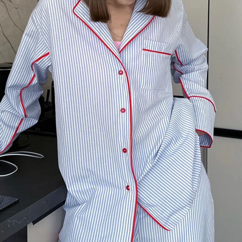 HiLoc Pink Casual Loose Woven Inelastic Pajamas 2 Piece Long Sleeve Lapel Single-Breasted Top Elastic Waist Full Length Pants