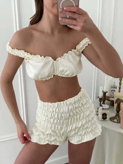 HiLoc Sexy Satin Sleepwear women's pajamas Crop Top Vest With Ruch Elastic Waist Shorts 2 Piece Sets Women Home Solid Suits