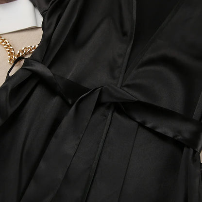 HiLoc Fashion Black Robe 2 Pieces Sleepwear 2025 Sexy Lace V Neck Mini Dress Women Casual Long Sleeve Robe Dresses Pajamas Lady