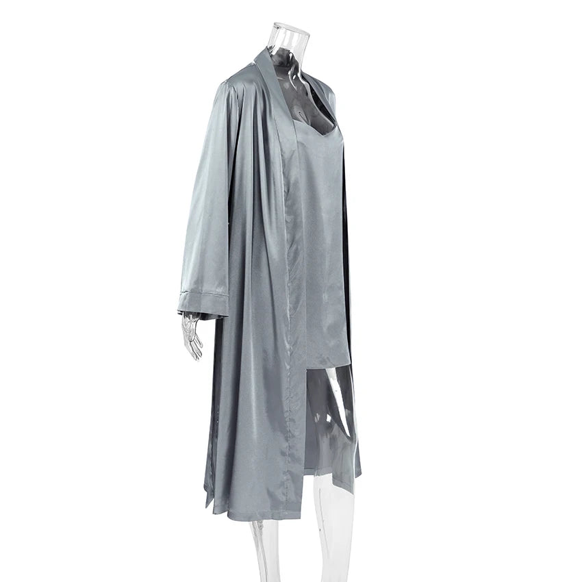 HiLoc Luxury Satin Nightgown Robe Set Women's V-Neck Spaghetti Strap Chemise Long Sleeve Belted Robe 2 Piece Loungewear 2026