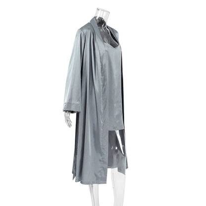 HiLoc Luxury Satin Nightgown Robe Set Women's V-Neck Spaghetti Strap Chemise Long Sleeve Belted Robe 2 Piece Loungewear 2026