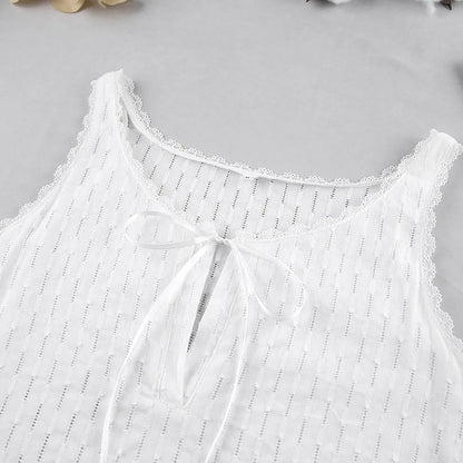 HiLoc 2025 Elegant Lace Short Robe Summer Casual Sleeveless White Dress Sleepwear Female Home Solid Lace-Up Robe Spring Pajamas