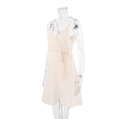 Hiloc Apricot Elegant Pure Cotton Short Dresses Summer Woven Loose High-Slit Lace-Up Nightgowns Spaghetti Strap Woman Sleepdress