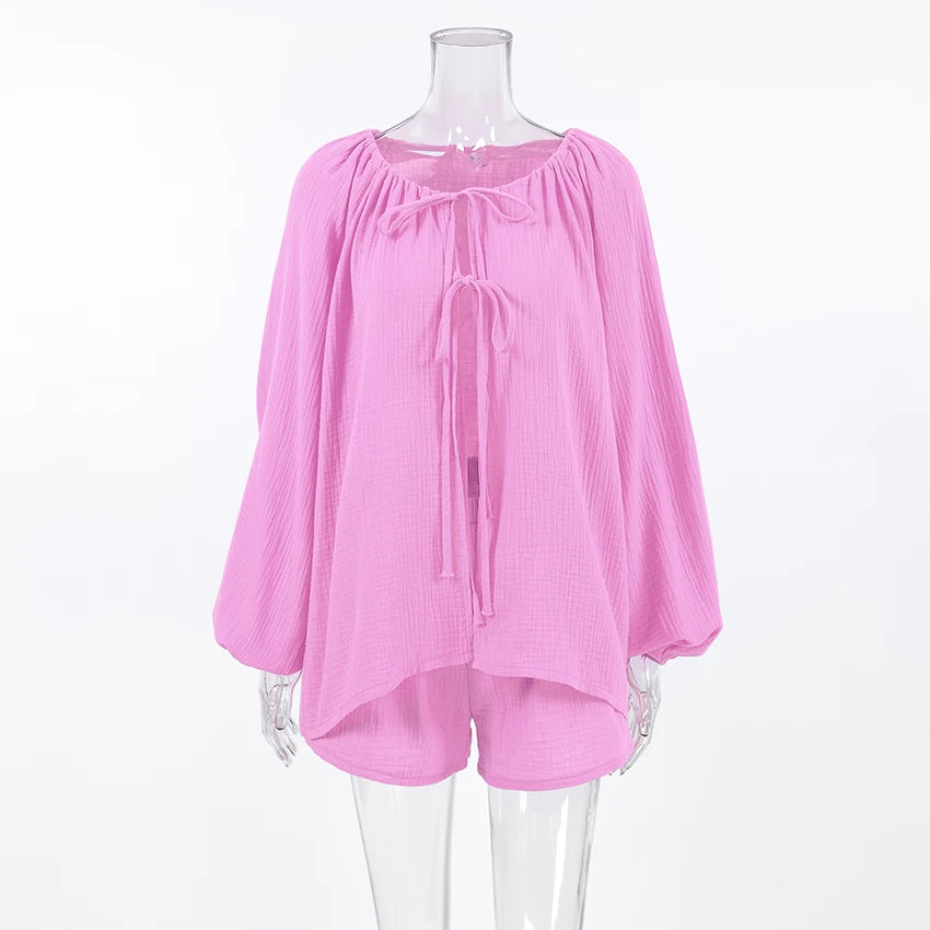 Hiloc Elegant Pink Lace-Up Lantern Sleeve Top Outfit Fitted High Waist Pure Cotton Shorts Suit Woman Drawstring Home Pajama Sets