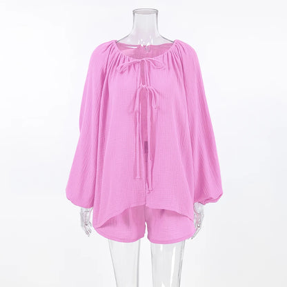 Hiloc Elegant Pink Lace-Up Lantern Sleeve Top Outfit Fitted High Waist Pure Cotton Shorts Suit Woman Drawstring Home Pajama Sets