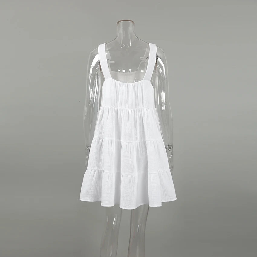 Hiloc White Pure Cotton Sweet Spaghetti Strap Mini Dress Summer Pullover Bow Backless Nightgowns Lace-Up Loose Night Dress Woman