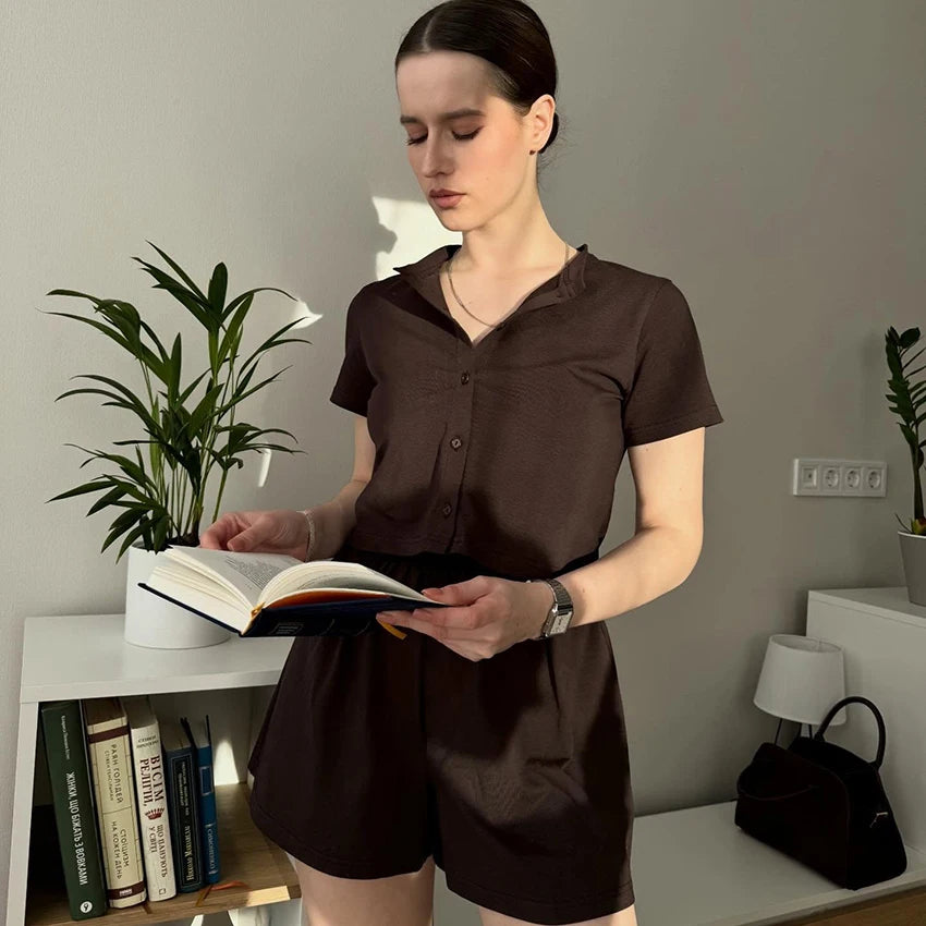 Hiloc Brown Casual Loose Elastic Women'S Two-Piece Single-Breasted Short-Sleeved Top Elastic Waist Shorts 2026 Fall Shorts Suits