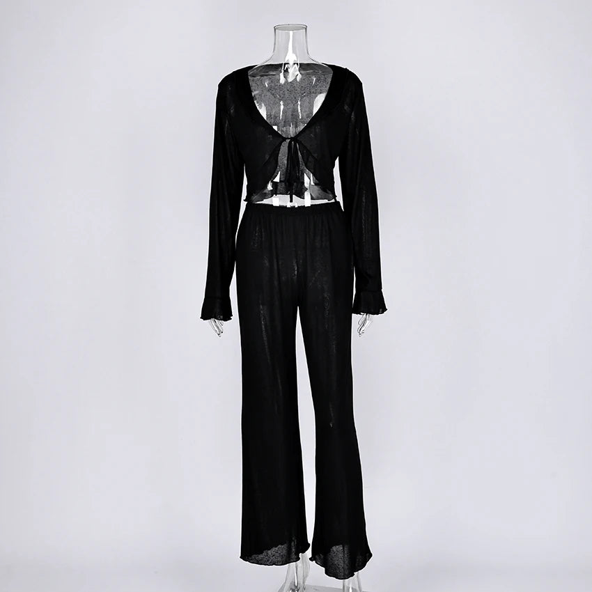 HiLoc Sexy V-Neck Knitted Thin Trousers Pajamas Women Casual Lace-Up Crop Tops With Loose Long Pants Sleepwears White Suits 2026