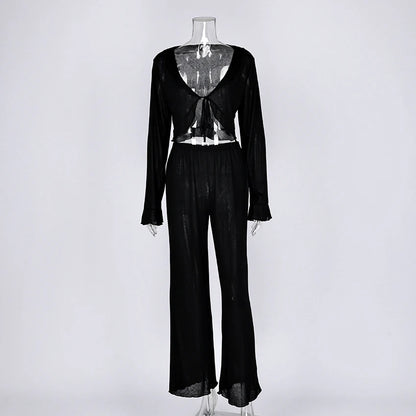 HiLoc Sexy V-Neck Knitted Thin Trousers Pajamas Women Casual Lace-Up Crop Tops With Loose Long Pants Sleepwears White Suits 2026
