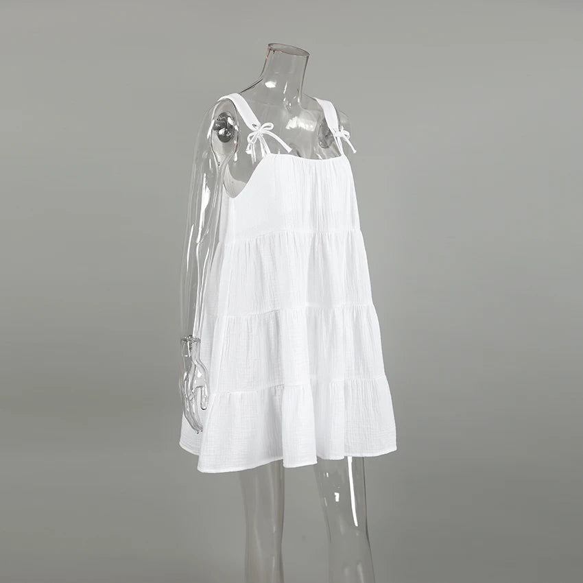 Hiloc White Pure Cotton Sweet Spaghetti Strap Mini Dress Summer Pullover Bow Backless Nightgowns Lace-Up Loose Night Dress Woman