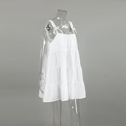 Hiloc White Pure Cotton Sweet Spaghetti Strap Mini Dress Summer Pullover Bow Backless Nightgowns Lace-Up Loose Night Dress Woman