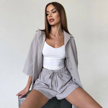 Hiloc Summer Elegant Cotton Linen Shorts Suits Sleepwear 2025 Casual Short Sleeve Tops Pajamas Elastic Waist Shorts 2 Piece Set