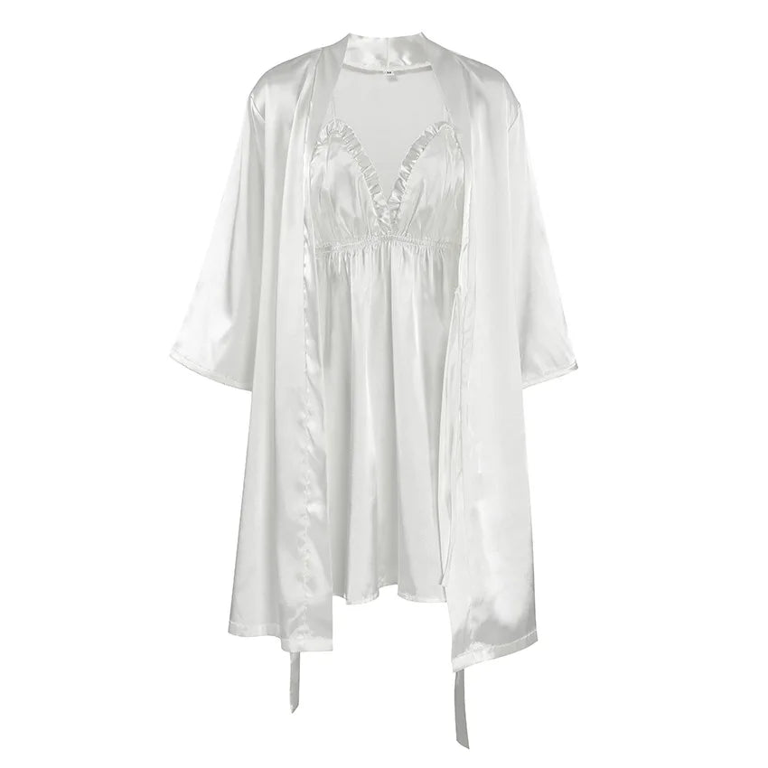 HiLoc Sexy Satin Nightgown Robe Set Women's Cross Back Spaghetti Strap Chemise Feather Trim Long Sleeve Robe 2 Piece Loungewear