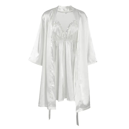 HiLoc Sexy Satin Nightgown Robe Set Women's Cross Back Spaghetti Strap Chemise Feather Trim Long Sleeve Robe 2 Piece Loungewear