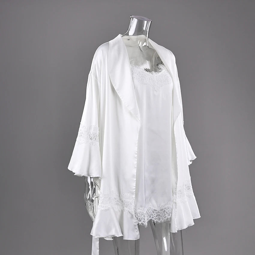 HiLoc Elegant Black Lace Silk Robe Outfits Sexy Spaghetti Strap Nightgown With Long Sleeve Sleepwear Two Piece Sets Women 2026