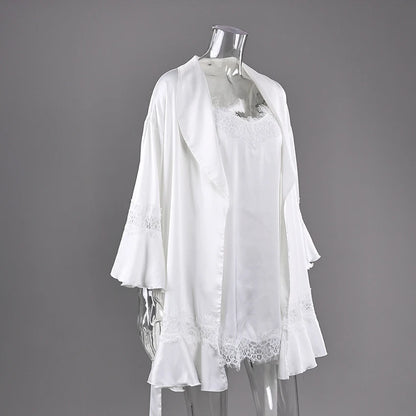 HiLoc Elegant Black Lace Silk Robe Outfits Sexy Spaghetti Strap Nightgown With Long Sleeve Sleepwear Two Piece Sets Women 2026